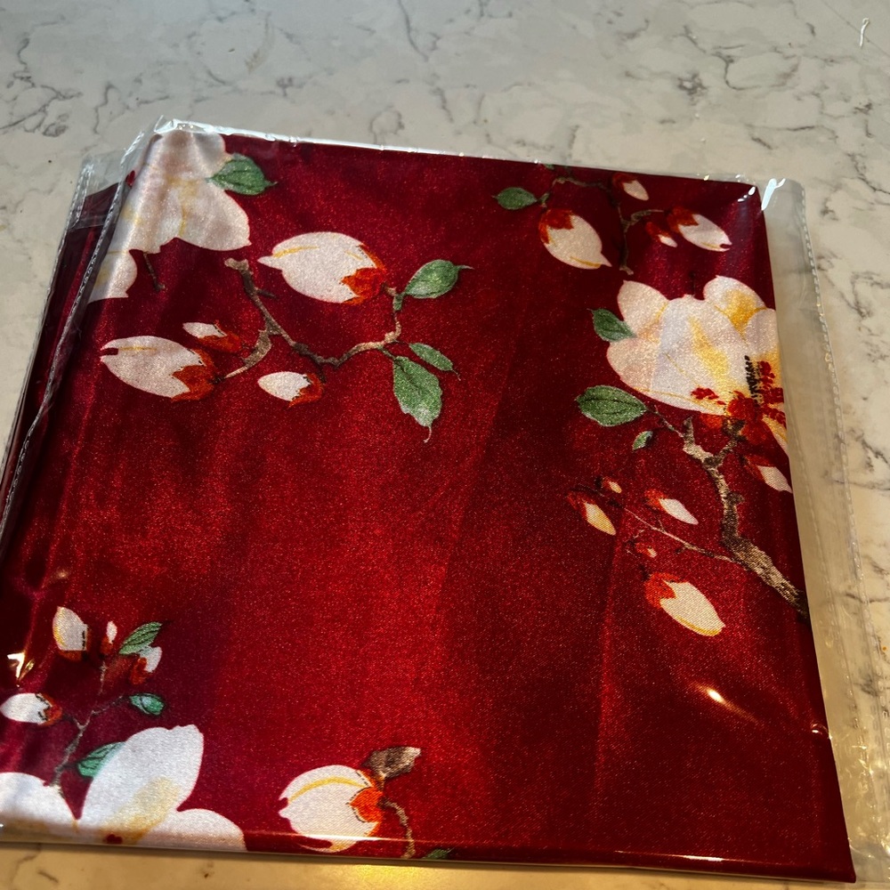 Floral Satin Wrap Scarf - Red 35”